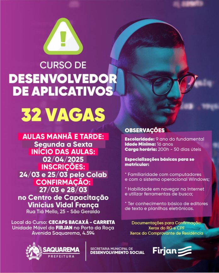 Prefeitura oferece vagas para curso Gratuito de Desenvolvedor de Aplicativos