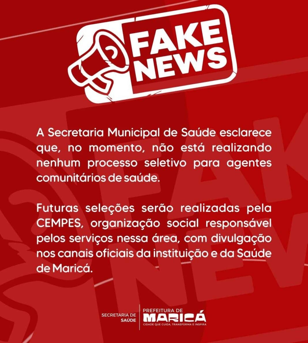 Prefeitura alerta a população sobre falsa seleção para agentes comunitários de saúde