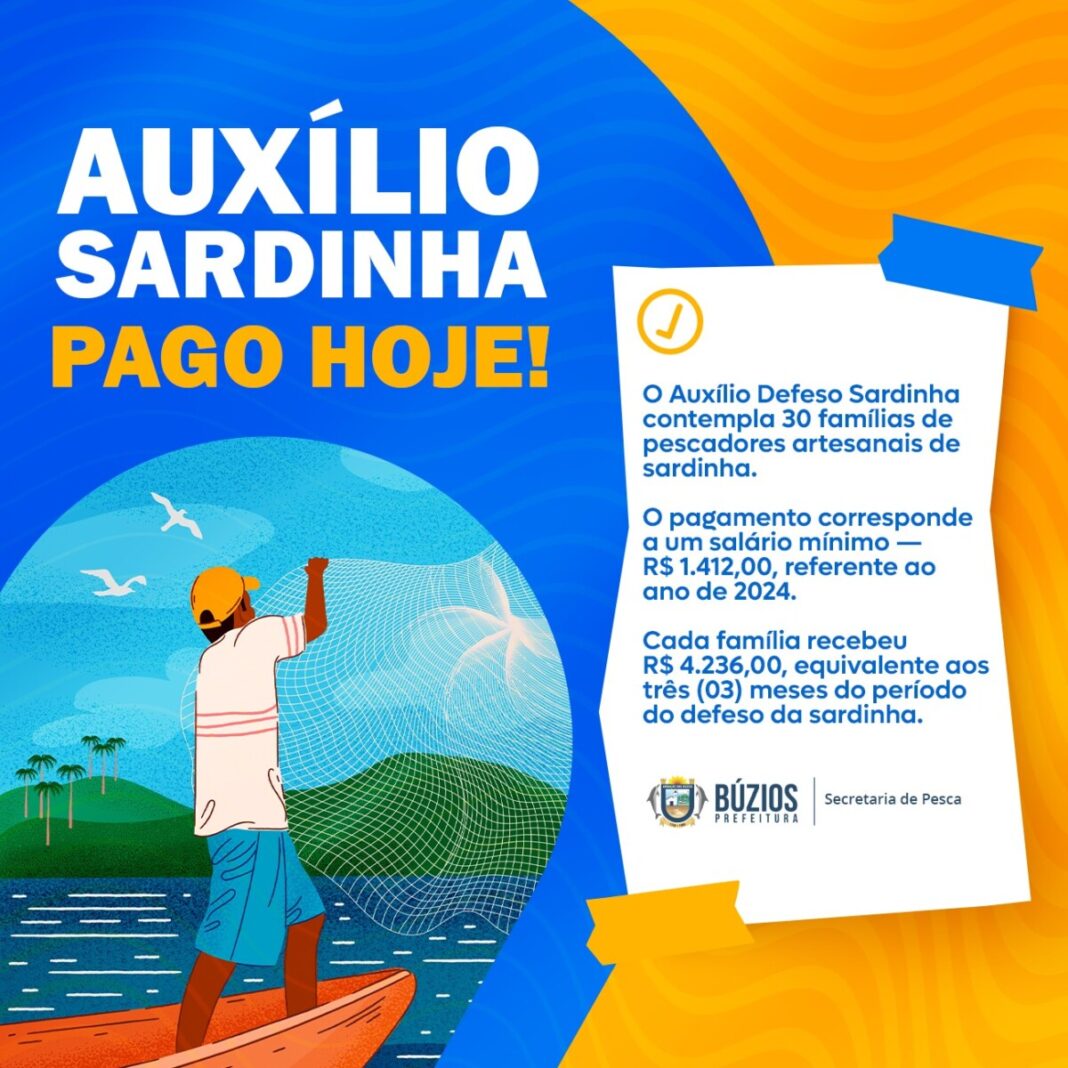 Prefeitura de Búzios efetua pagamento do auxílio do defeso aos pescadores artesanais de sardinha