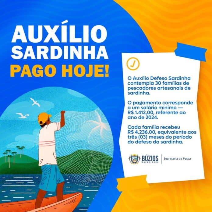 Prefeitura de Búzios efetua pagamento do auxílio do defeso aos pescadores artesanais de sardinha