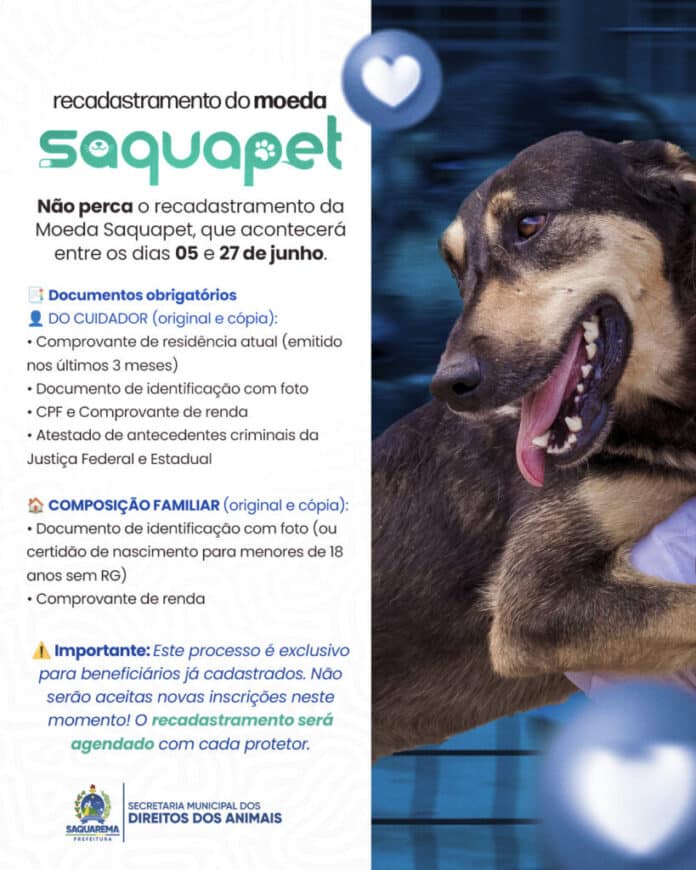 Prefeitura inicia recadastramento do cartão Saquapet