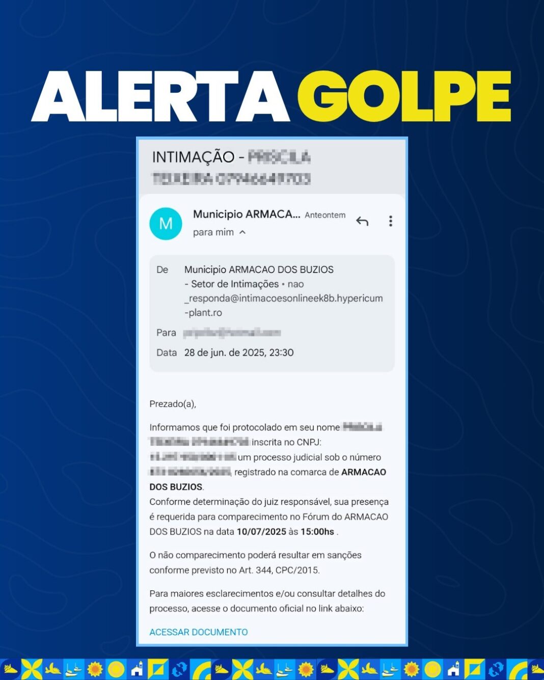 Prefeitura de Búzios alerta para golpe envolvendo falsas intimações judiciais