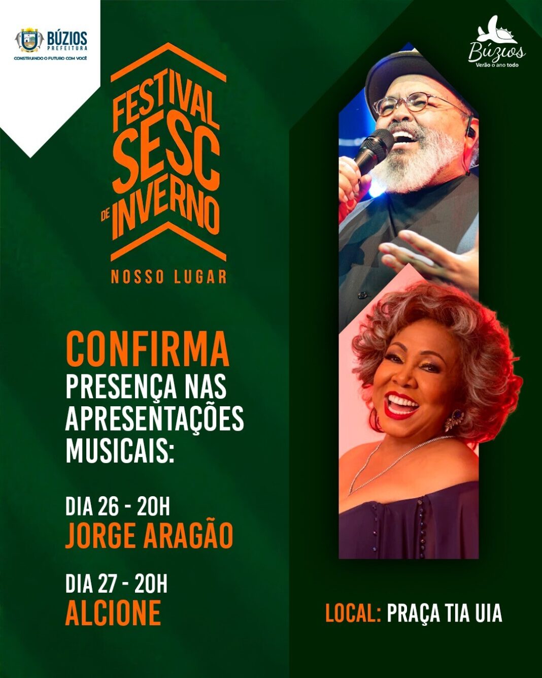 Búzios: Festival Sesc de Inverno confirma presença de Alcione e Jorge Aragão nas apresentações musicais na Praça Tia Uia, nos dias 26 e 27 de julho