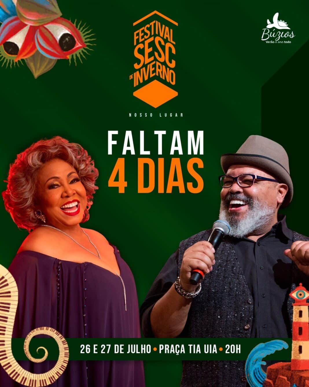 Faltam 4 dias para Jorge Aragão e Alcione se apresentarem no Festival de Inverno de Búzios