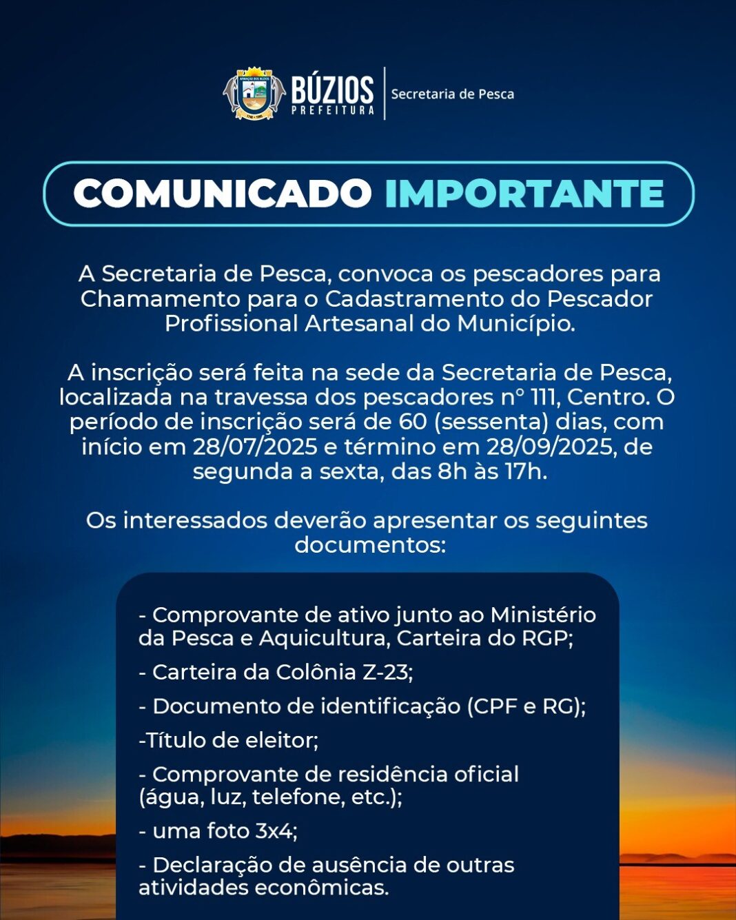 Prefeitura de Búzios realizará cadastramento de Pescadores Profissionais Artesanais a partir do dia 28 de julho