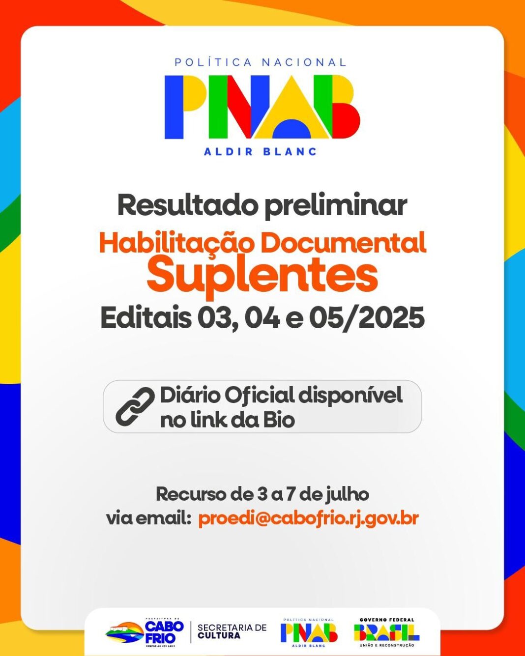 Prefeitura de Cabo Frio divulga resultado preliminar de habilitação documental de suplentes dos editais 03, 04 e 05/2025 da PNAB