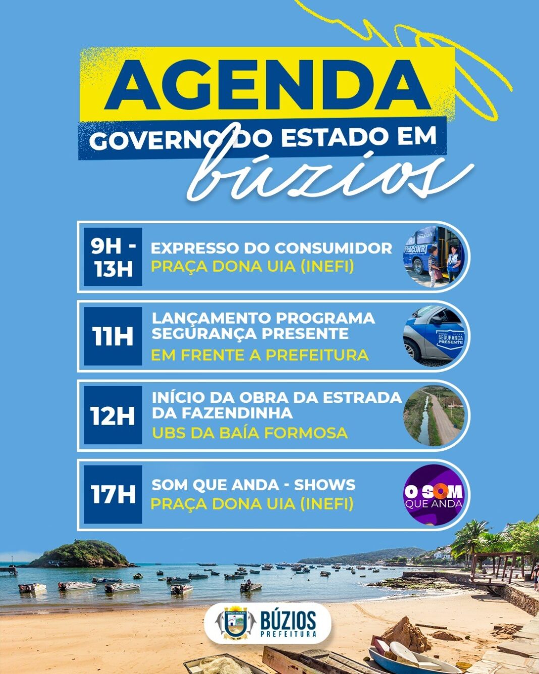 Sábado em Búzios tem cidadania, música e importantes lançamentos de obras e segurança pública com apoio do Governo do Estado