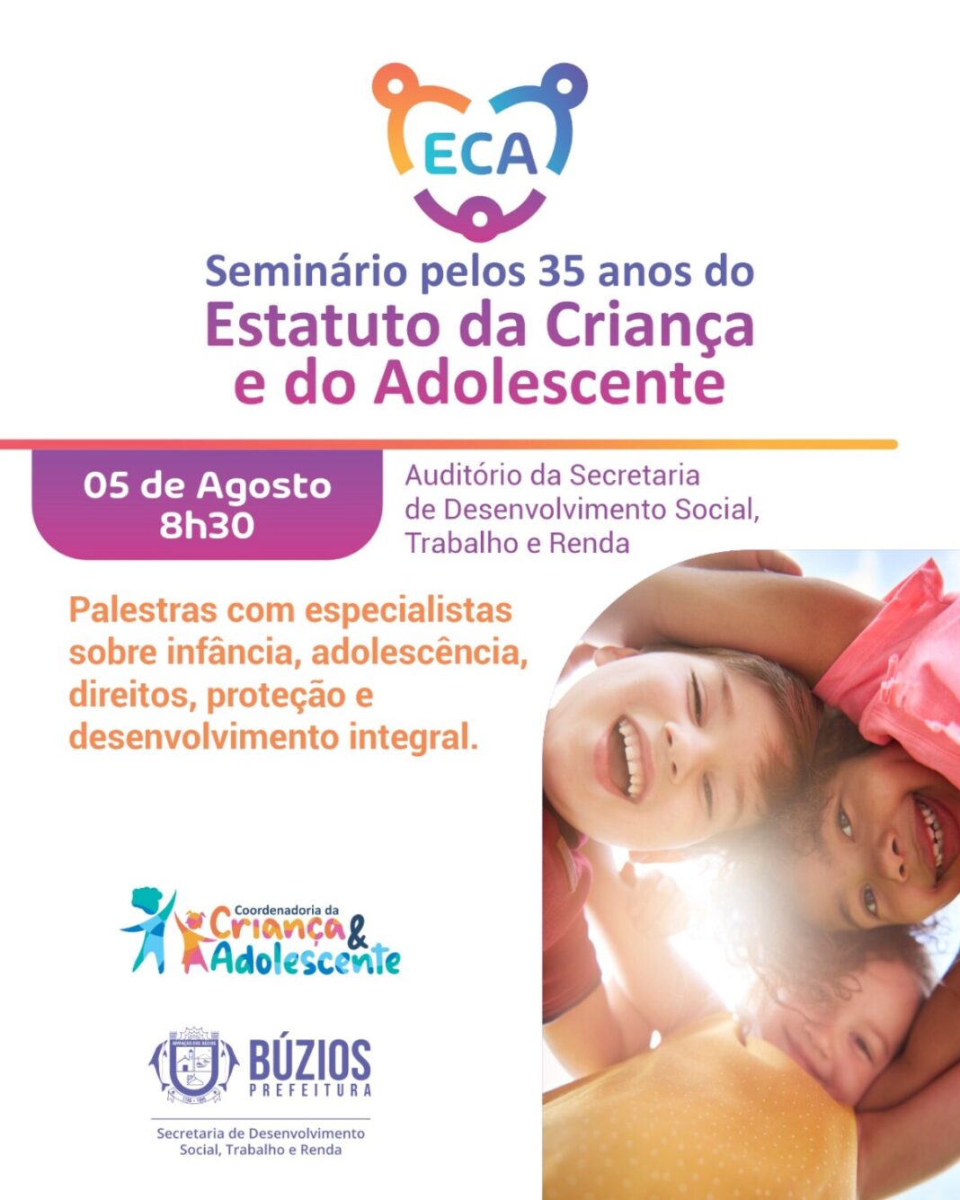 Seminário pelos 35 anos do ECA será realizado em Búzios com especialistas em infância, proteção e direitos humanos