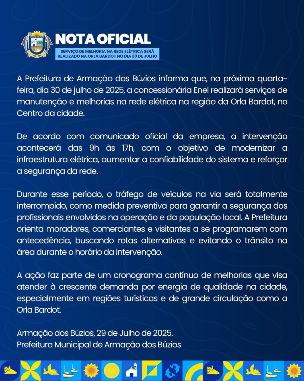 Serviço de melhoria na rede elétrica será realizado na Orla Bardot nesta quarta-feira