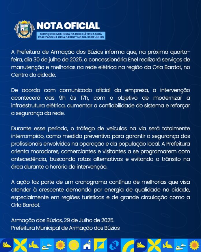 Serviço de melhoria na rede elétrica será realizado na Orla Bardot nesta quarta-feira