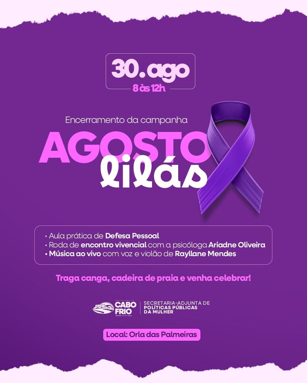 Cabo Frio encerra a campanha “Agosto Lilás” com programação especial na Orla das Palmeiras