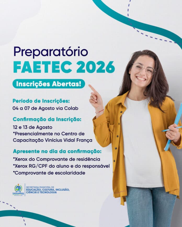 Prefeitura oferece 160 vagas para curso preparatório FAETEC 2026