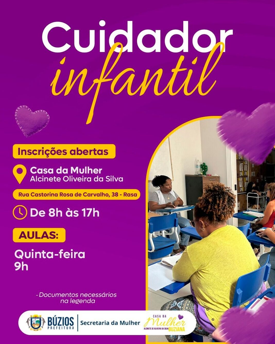 Casa da Mulher Buziana abre inscrições para curso de Cuidador Infantil